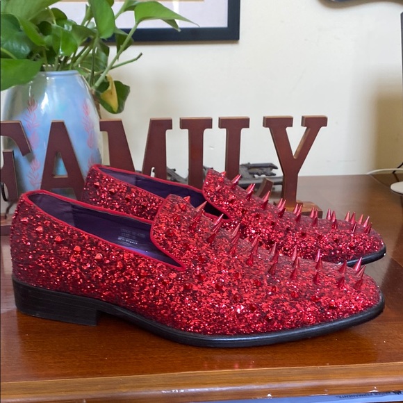 Bright Red Glitter Spiked Loafers - Picture 1 of 7